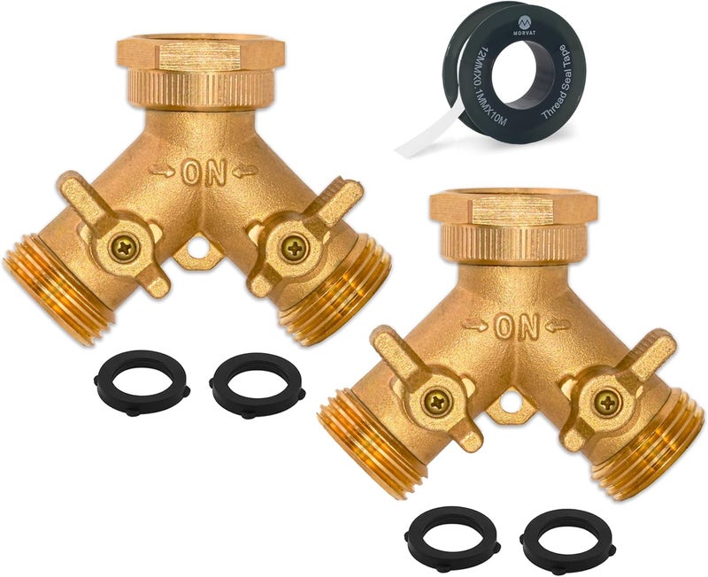 Morvat Brass 2-Way Y Splitter LEAD-FREE, Heavy-Duty Garden Hose Manifold Connector with Improved Comfort Grip ON/OFF Valves, Adapter for Water Faucet & Spigot, Extra 6 Washers, Teflon Tape (2-Pack) - Image 1